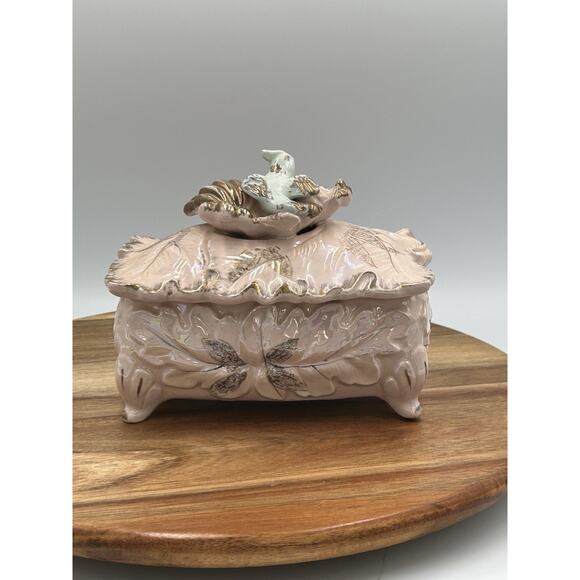 Vintage Ceramic Trinket Box Bird Lid Powder Pink Iridescent Glaze Lead Motif - Picture 2 of 13